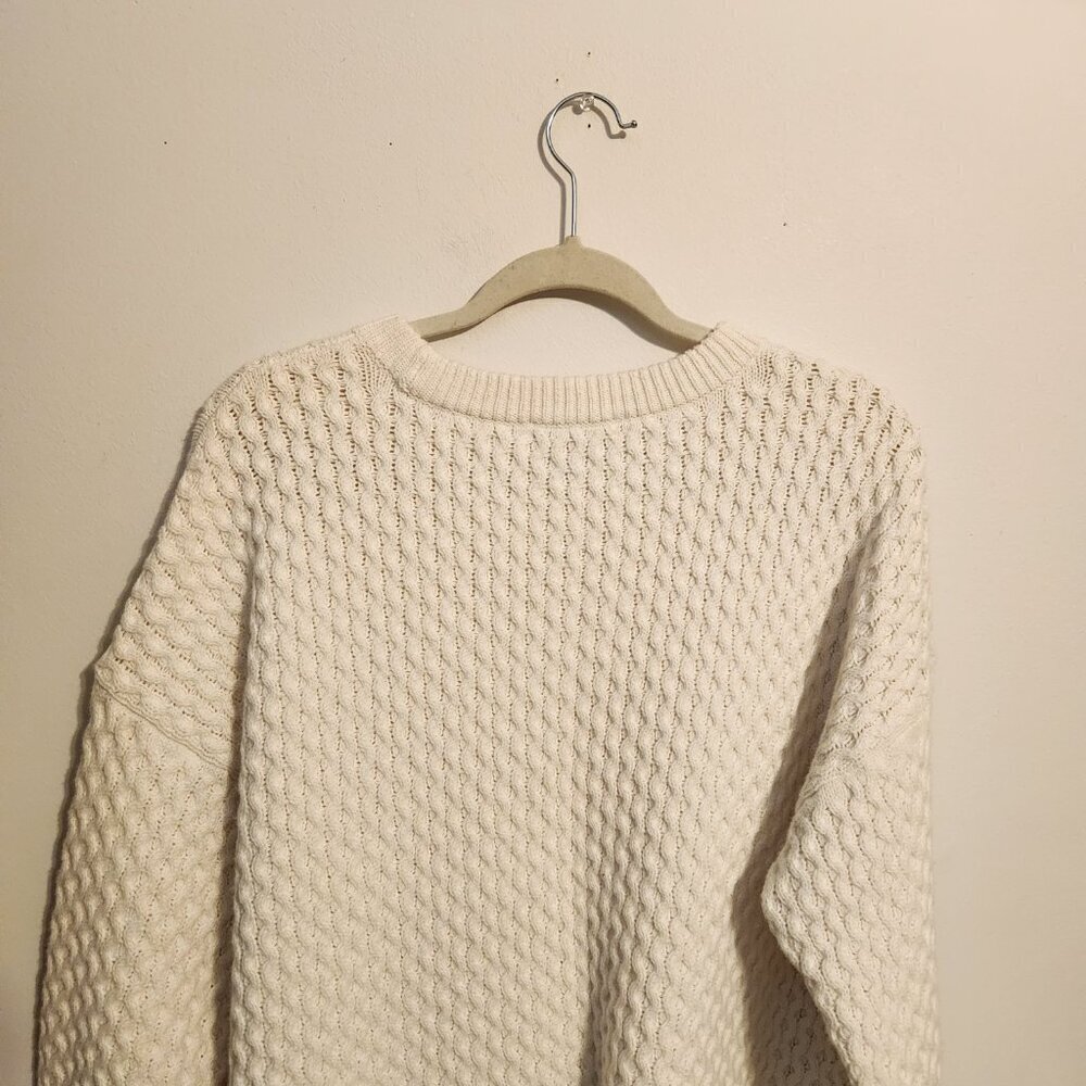 Madewell | Women's White Crewneck Knit Sweater w/ Blue Striped Trim (Size Large) - Picture 13 of 14
